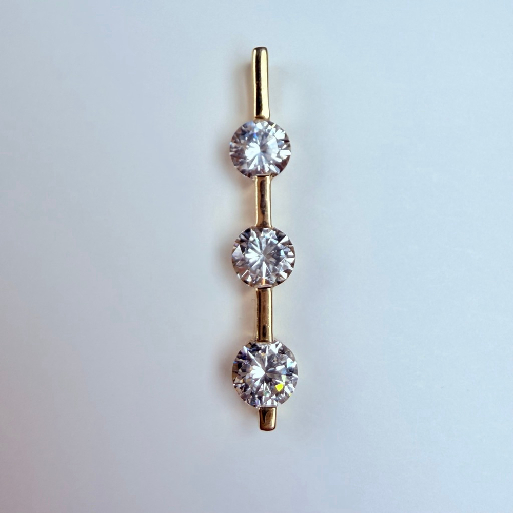14K Solid Yellow Gold 1.2 CT Three Cubic Zirconia CZ Solitaire Drop Bar Pendant